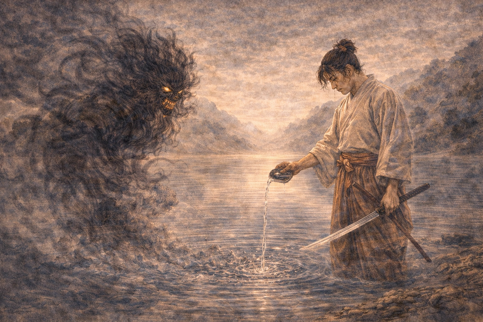 霧の中の霊と逆境の男